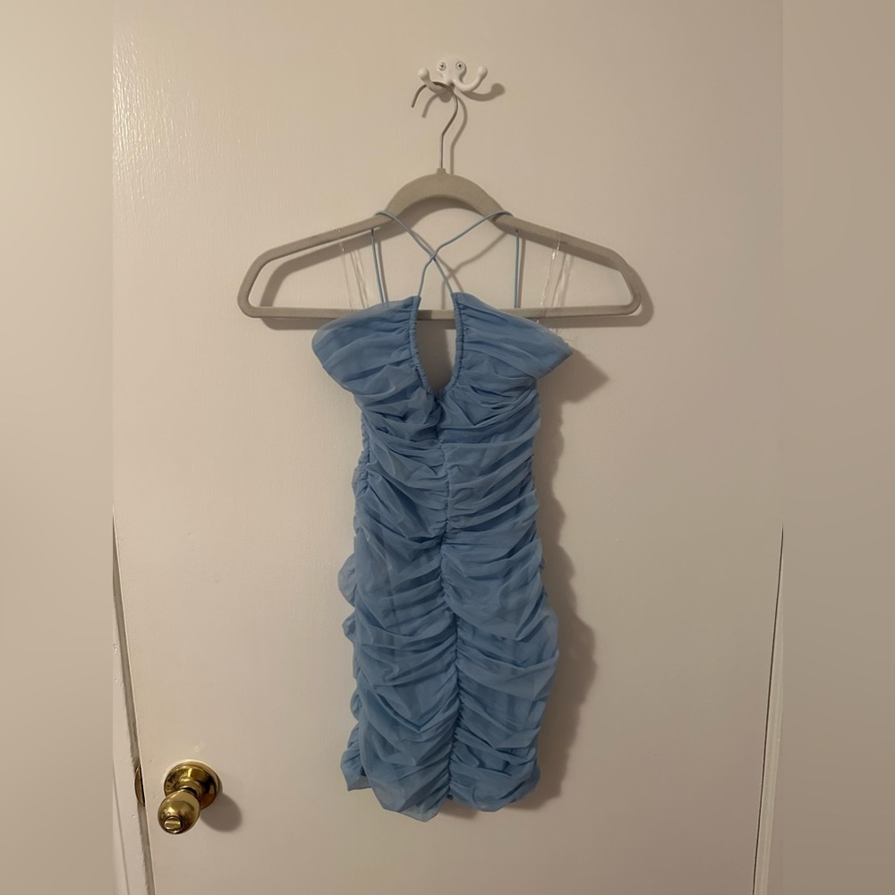 Oh Polly Cross Strap Rutched Mini Dress in Pastel Blue